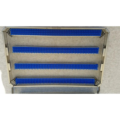 Metallic mesh aesculap jf257r sterilization case tray with four horizontal blue rubber strips for secure instrument placement