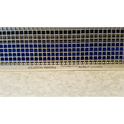 Metallic blue tinted perforated panel with square holes engraved with f on aesculap jf257r sterilization case tray pn2089a modified