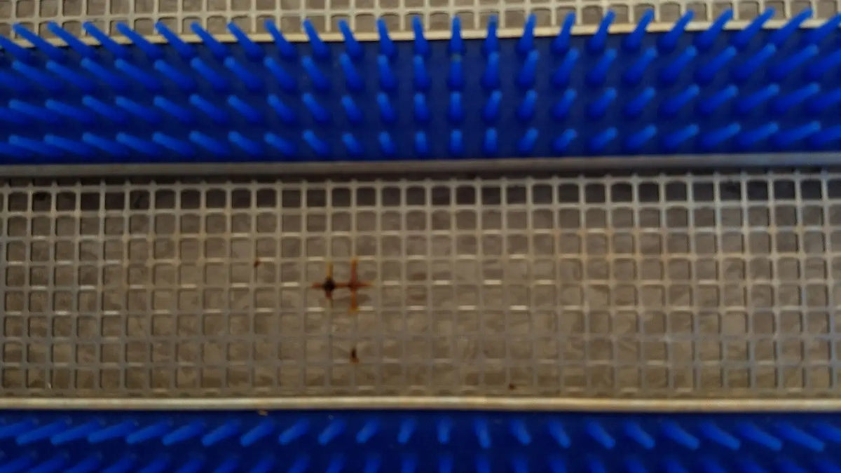 Blue plastic bristle brush with metal grid base in aesculap jf257r sterilization case tray pn3046a modified model