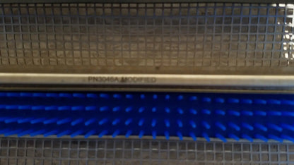 Blue bristle brush with metallic handle labeled pk3046a modified for aesculap jf257r sterilization case tray pn3046a modified
