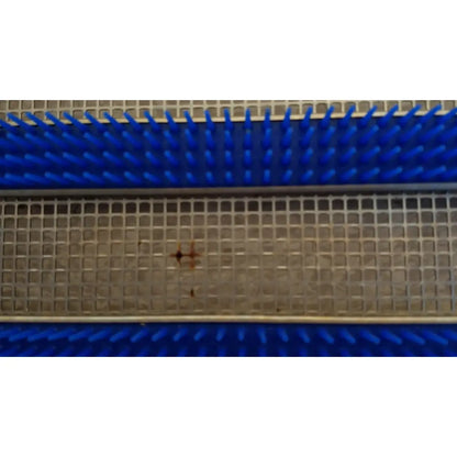 Blue plastic bristle brush with metal grid base in aesculap jf257r sterilization case tray pn3046a modified model