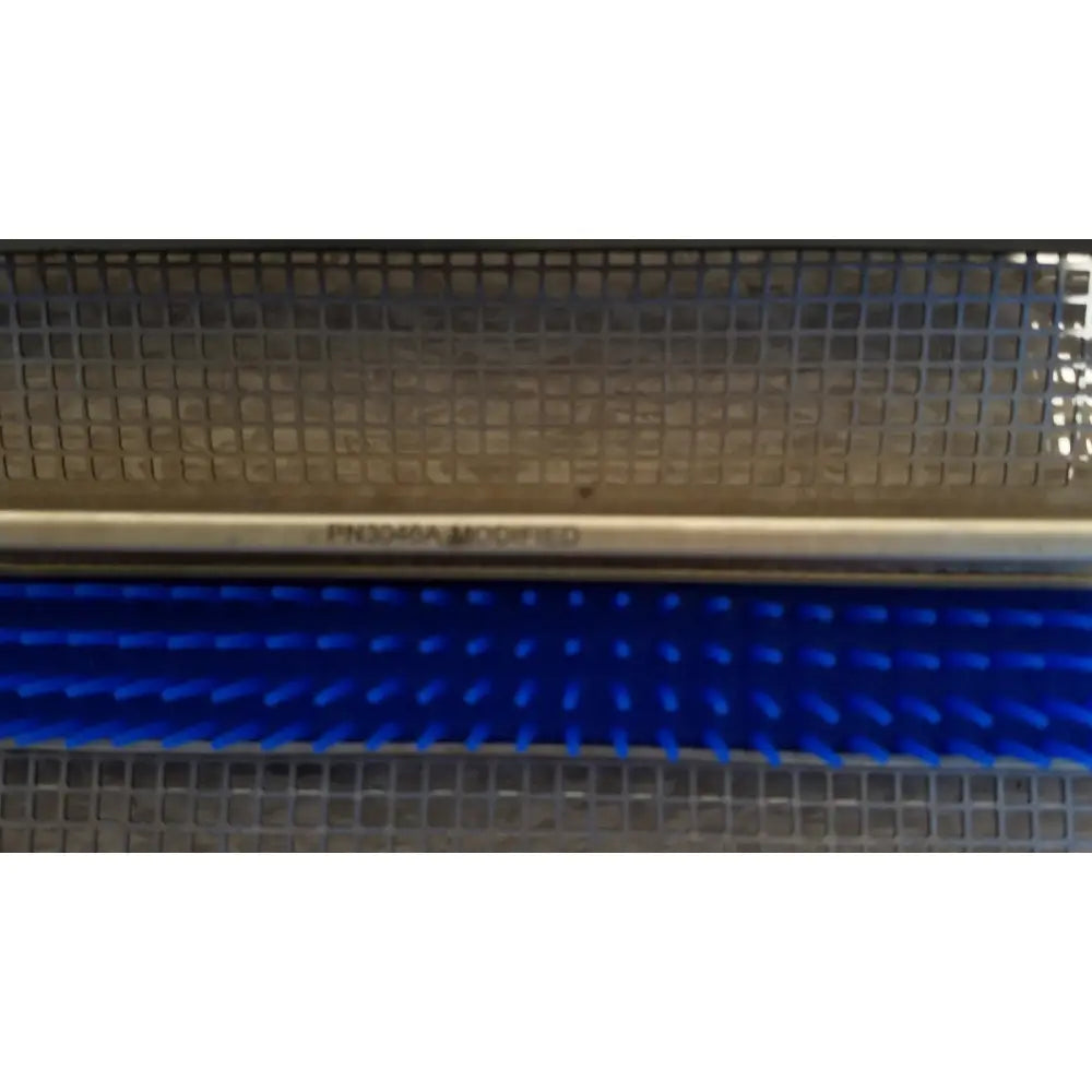 Blue bristle brush with metallic handle labeled pk3046a modified for aesculap jf257r sterilization case tray pn3046a modified