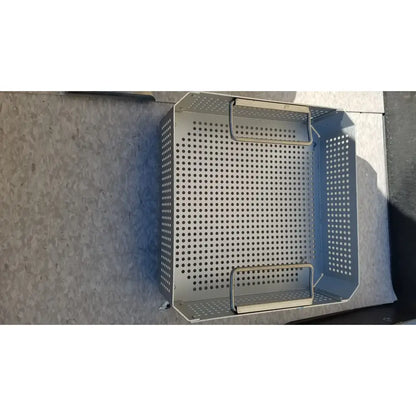 Silver perforated metal grill basket with reinforced handles for aesculap jk341 half size sterilization case and lid