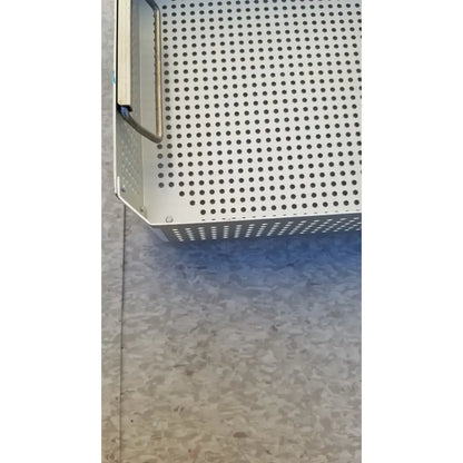 Silver perforated metal tray with handle for aesculap jk341 half size sterilization case and lid