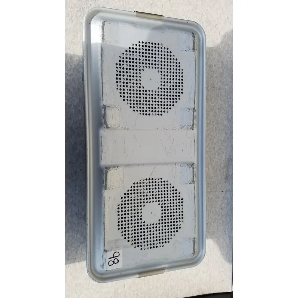 Silver rectangular aesculap jk489 jk442 sterilization container with two circular perforated grilles and metallic finish