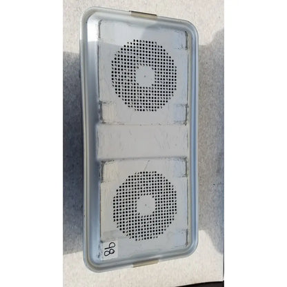 Silver rectangular aesculap jk489 jk442 sterilization container with two circular perforated grilles and metallic finish