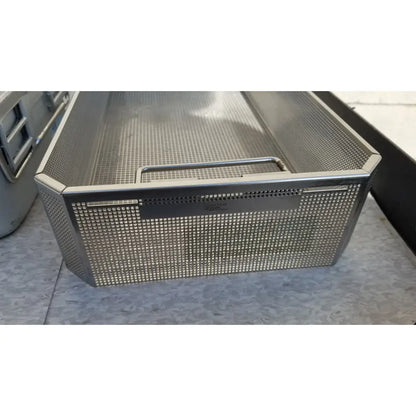 Stainless steel mesh basket with sturdy handle and reinforced corners for aesculap jk489 jk442 sterilization container case