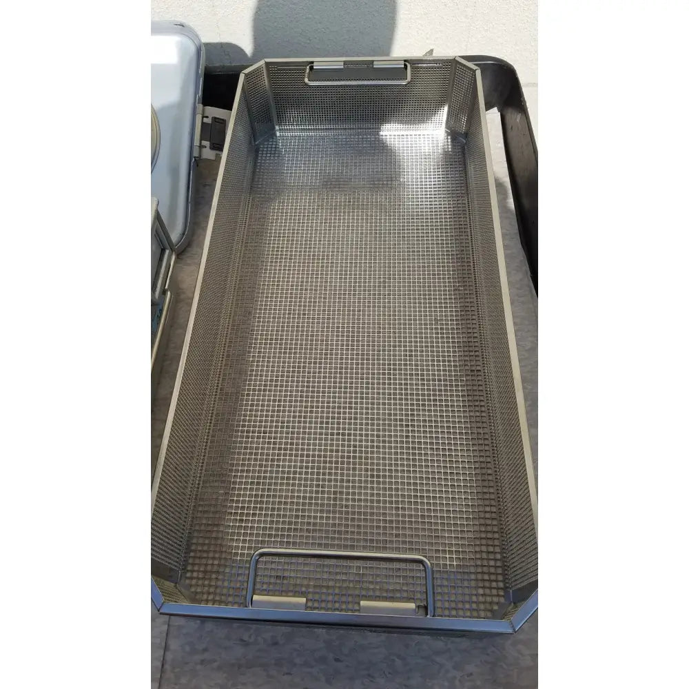 Stainless steel mesh basket with reinforced metal handles and grid interior for aesculap jk489 jk442 sterilization container