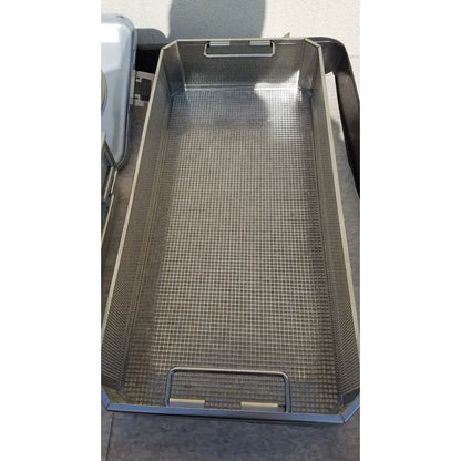 Stainless steel mesh basket with reinforced metal handles and grid interior for aesculap jk489 jk442 sterilization container