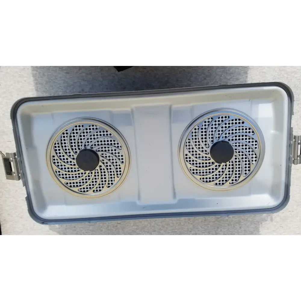 Silver rectangular portable grill with two circular perforated burners and black hubs for aesculap jk489 jk442 sterilization container