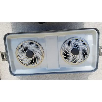 Silver rectangular portable grill with two circular perforated burners and black hubs for aesculap jk489 jk442 sterilization container