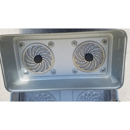 Silver metal baking tray with two circular perforated vents on the lid for aesculap jk489 jk442 sterilization container case