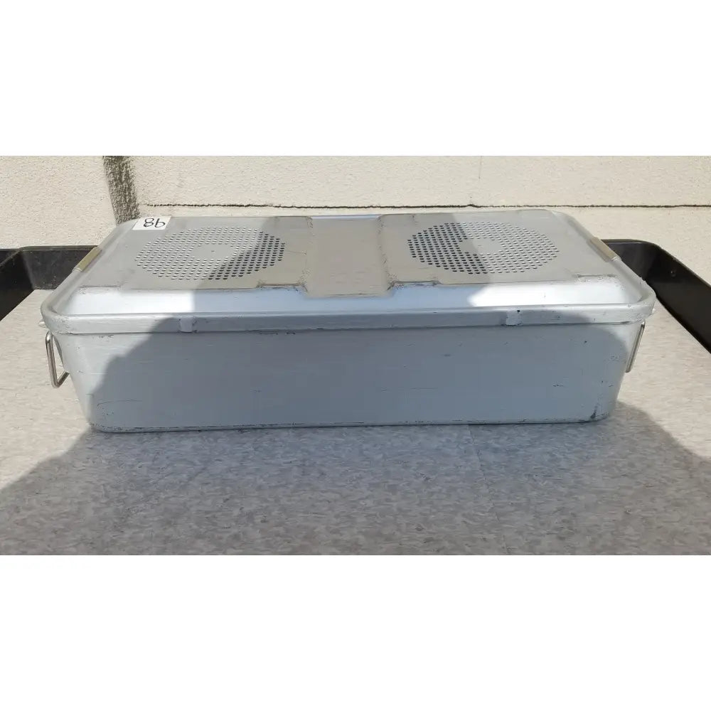 Silver metallic aesculap jk489 jk442 sterilization container case with perforated panels and side handles