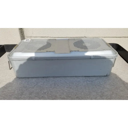 Silver metallic aesculap jk489 jk442 sterilization container case with perforated panels and side handles