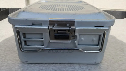 Light gray plastic aesculap jk489 jk442 sterilization container case with metal latch and handle for medical use