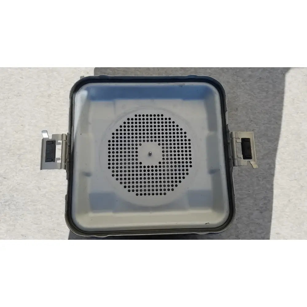Gray plastic aesculap jn340 instrument sterilization container with circular grille and side-mounted latches