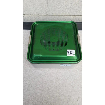 Green plastic aesculap jn341 sterilization container with perforated lid and silver latches for medical use
