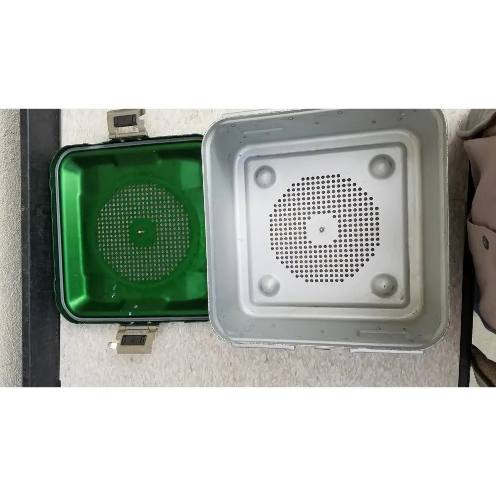 Green and silver plastic speaker trays with perforated grilles for aesculap jn341 sterilization container system with lid