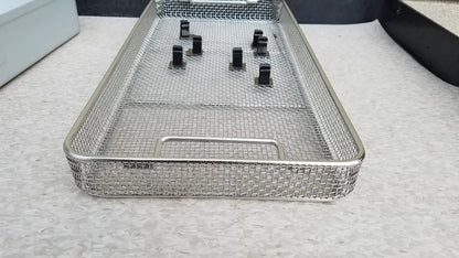 Stainless steel mesh surgical instrument tray with black plastic handles for aesculap jn821 sterilization case instrument use