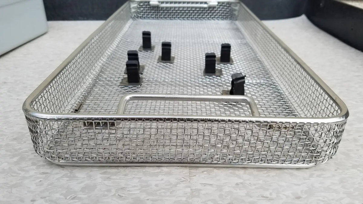 Stainless steel mesh surgical instrument basket with black plastic inserts for aesculap jn821 sterilization case instrument tray