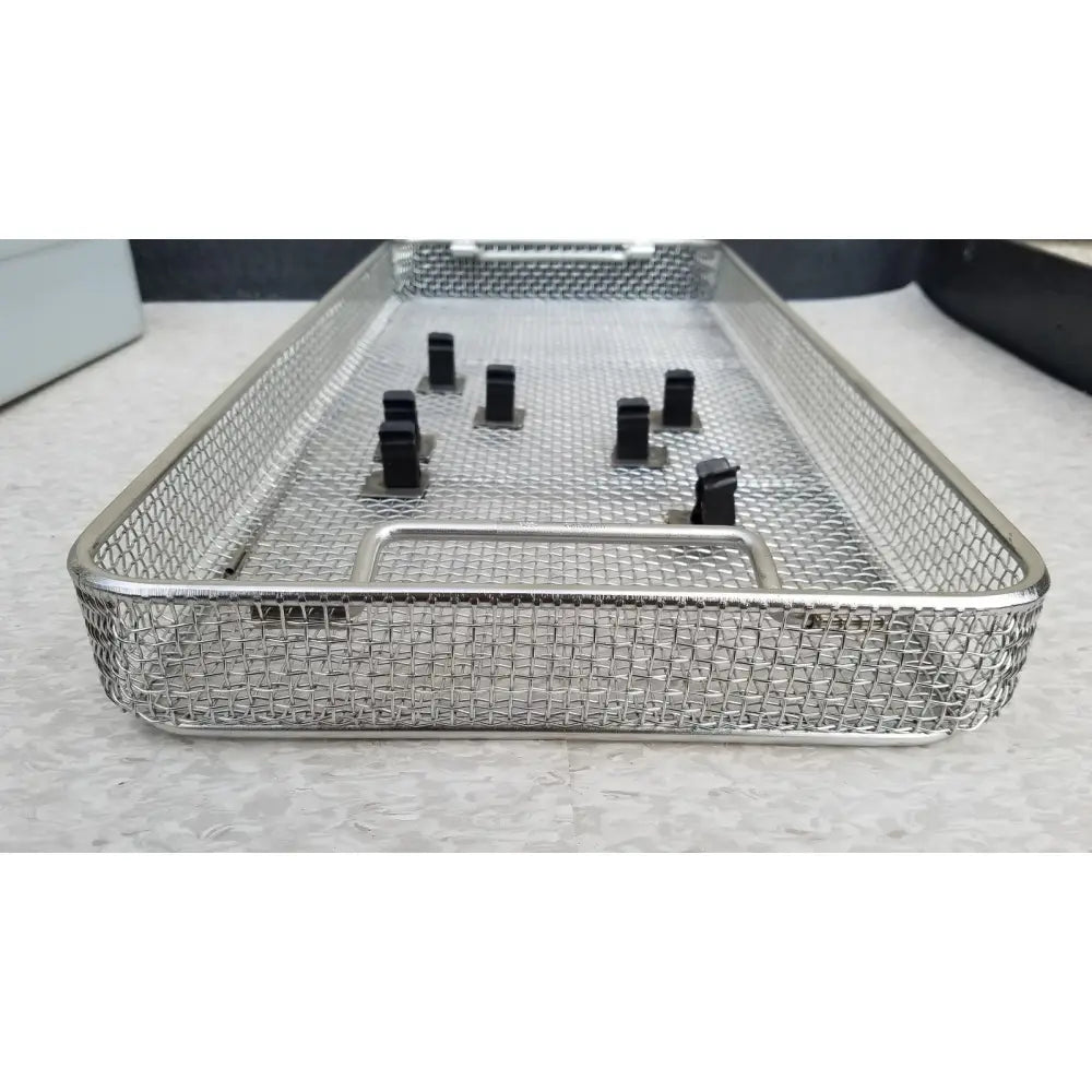 Stainless steel mesh surgical instrument basket with black plastic inserts for aesculap jn821 sterilization case instrument tray