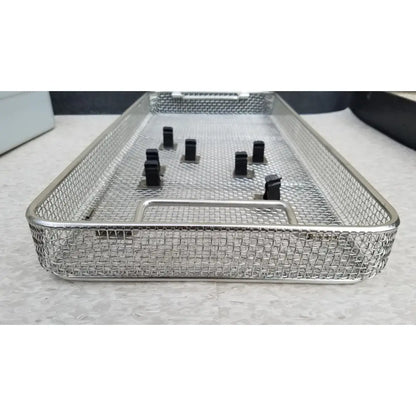Stainless steel mesh surgical instrument basket with black plastic inserts for aesculap jn821 sterilization case instrument tray