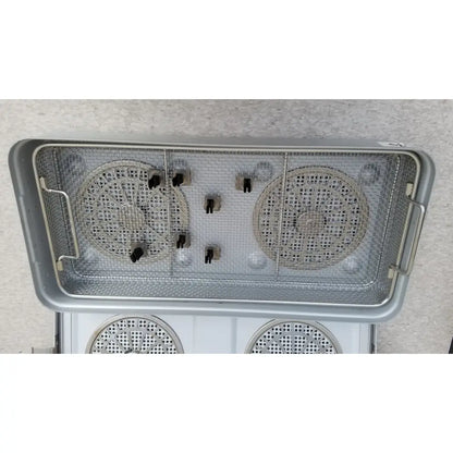 Silver stainless steel aesculap jn821 sterilization case instrument tray and basket with mesh interior and perforated trays