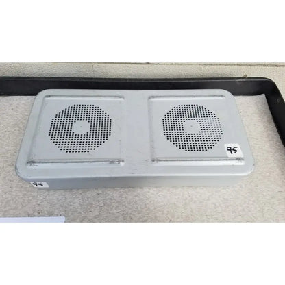 Silver rectangular aesculap jn821 sterilization case with two circular perforated grilles and matte finish