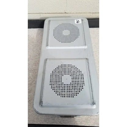 Gray metal aesculap jn821 sterilization case instrument tray with two circular perforated grilles for sterilization