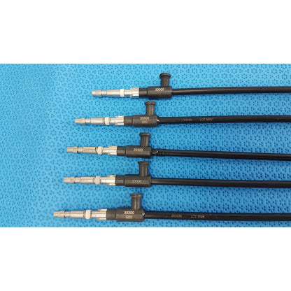 Five black and silver aesculap laparoscopic grasper model 33300 endoscopes with metallic connectors for reuse medical use