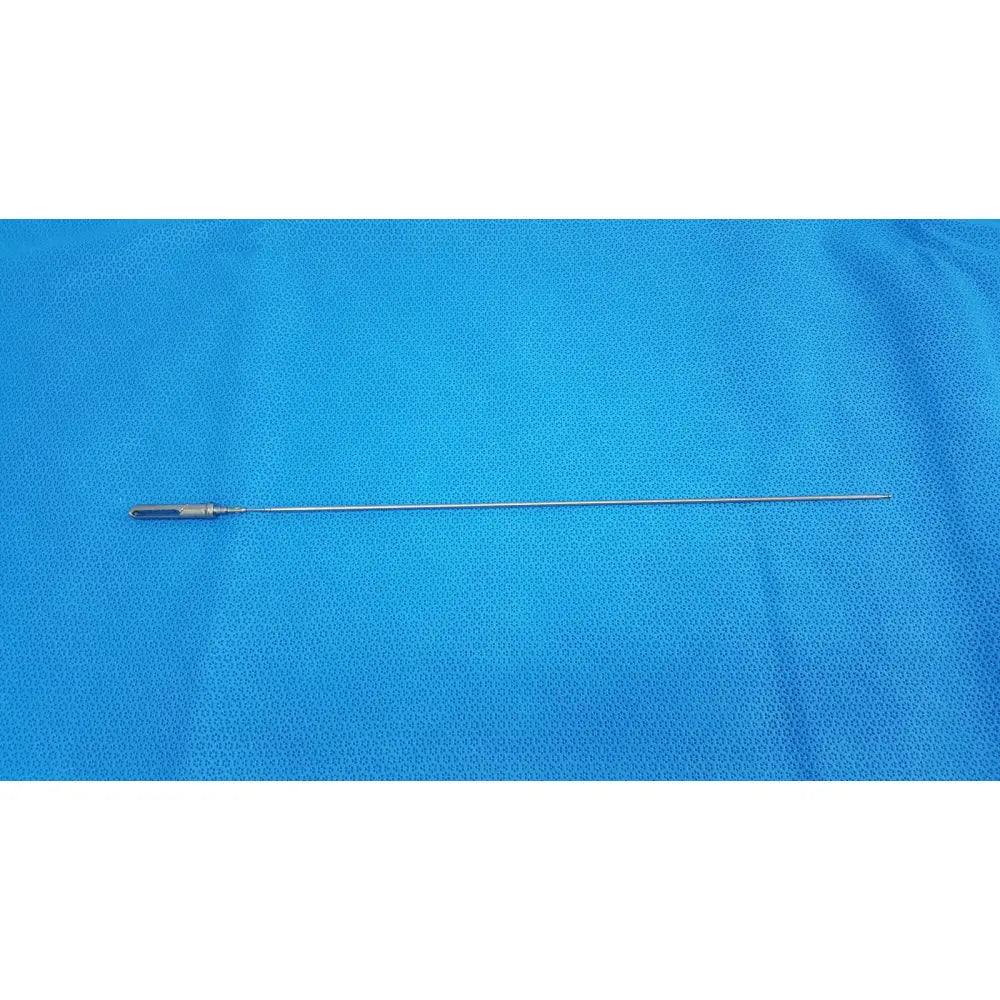 Silver surgical retractor with slender metallic shaft and textured handle in aesculap laparoscopic grasper model p0623r
