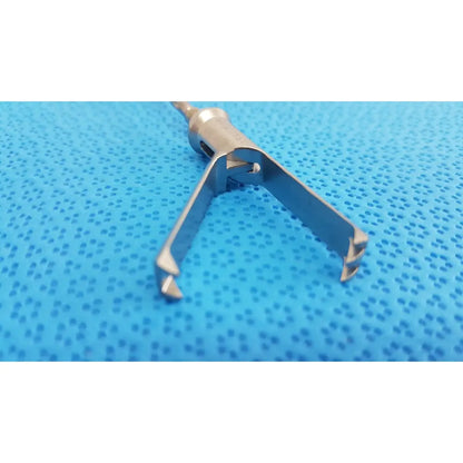 Stainless steel aesculap laparoscopic grasper model p0623r with textured metallic finish and two angled prongs