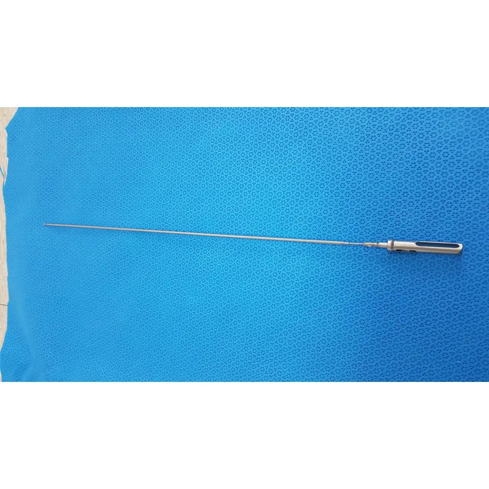 A metallic aesculap laparoscopic grasper model p0623r with a long slender shaft and textured black grip handle