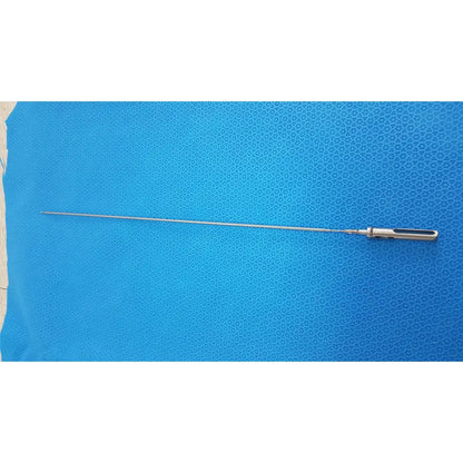 A metallic aesculap laparoscopic grasper model p0623r with a long slender shaft and textured black grip handle