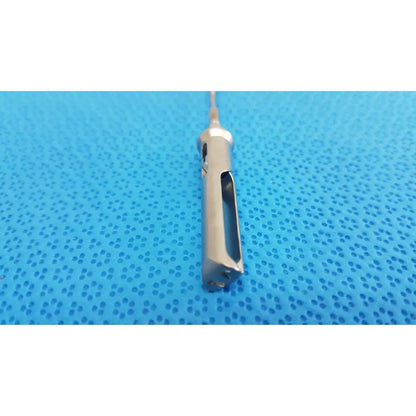 Silver aesculap laparoscopic grasper model p0623r with slender metallic shaft and precision-cut handle