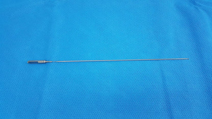 Silver surgical retractor with slender metallic shaft and textured handle in aesculap laparoscopic grasper model p0623r