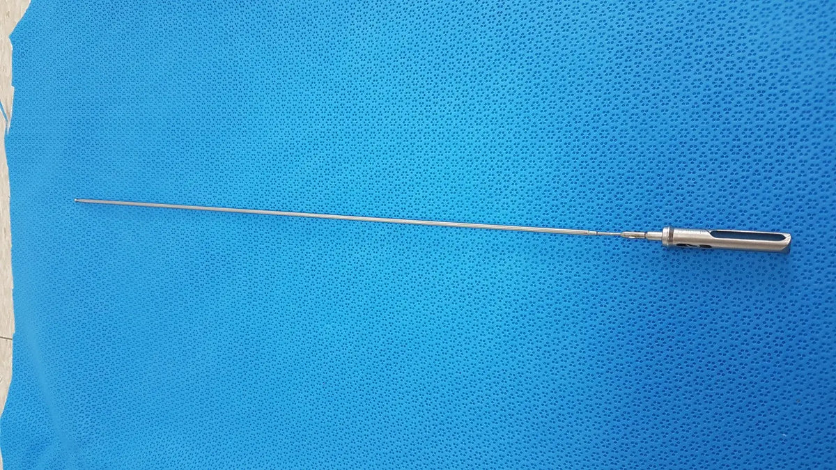 A metallic aesculap laparoscopic grasper model p0623r with a long slender shaft and textured black grip handle