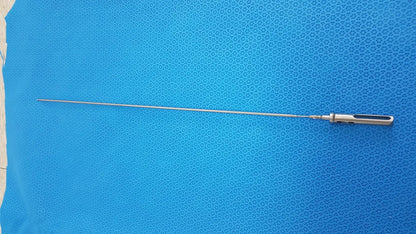A metallic aesculap laparoscopic grasper model p0623r with a long slender shaft and textured black grip handle