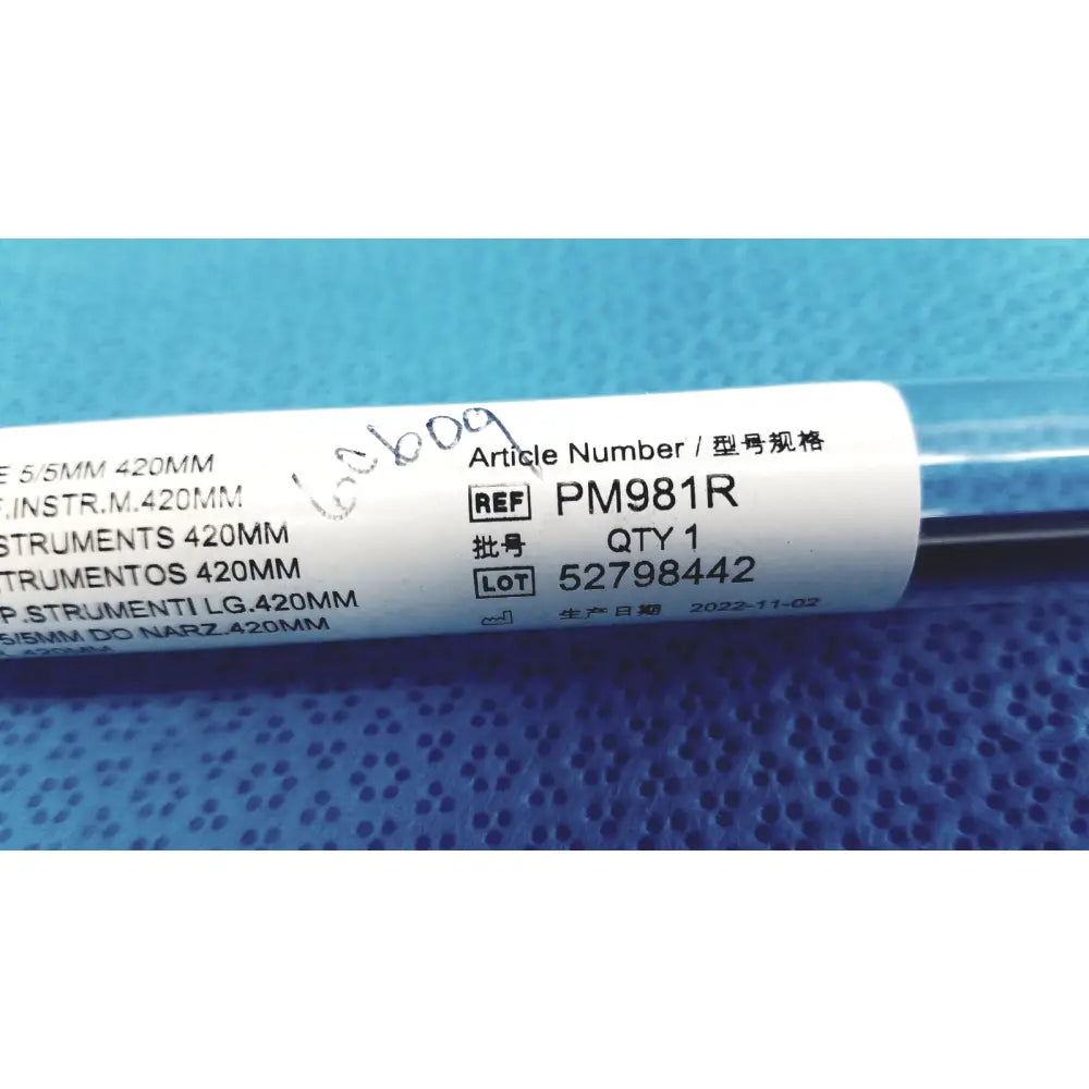 Aesculap laparoscopic grasper ref pm981r with white label pm981r and barcode dated november 2022