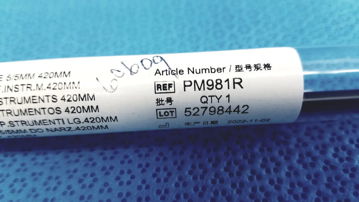 Aesculap laparoscopic grasper ref pm981r with white label pm981r and barcode dated november 2022