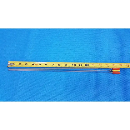Three slender metallic aesculap laparoscopic instrument needles with orange and yellow handles and measuring tape for reuse medical use