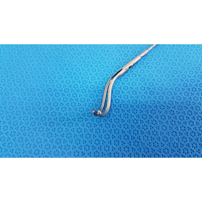 Silver aesculap laparoscopic instrument model pm 716r with curved serrated tip and textured handle for precision surgery