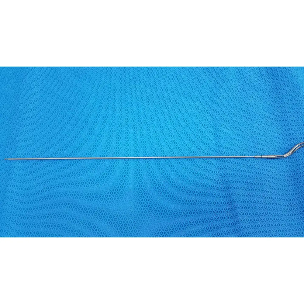 Aesculap laparoscopic instrument model pm 716r slender metallic surgical tool with straight shaft and curved handle end