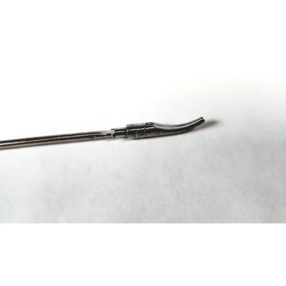 Aesculap Maryland curved metallic surgical instrument with curved serrated tip and slender shaft for grasping
