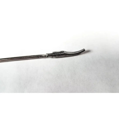 Aesculap Maryland curved metallic surgical instrument with curved serrated tip and slender shaft for grasping
