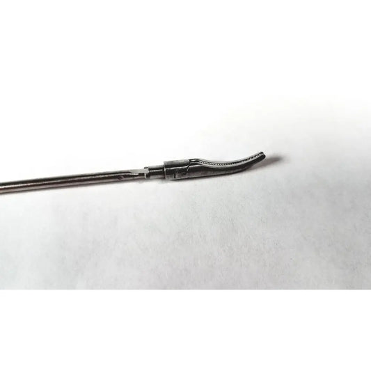 Aesculap Maryland curved metallic surgical instrument with curved serrated tip and slender shaft for grasping