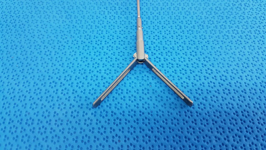 Silver metallic aesculap pm618r laparoscopic instrument with three prongs and central shaft for surgical use