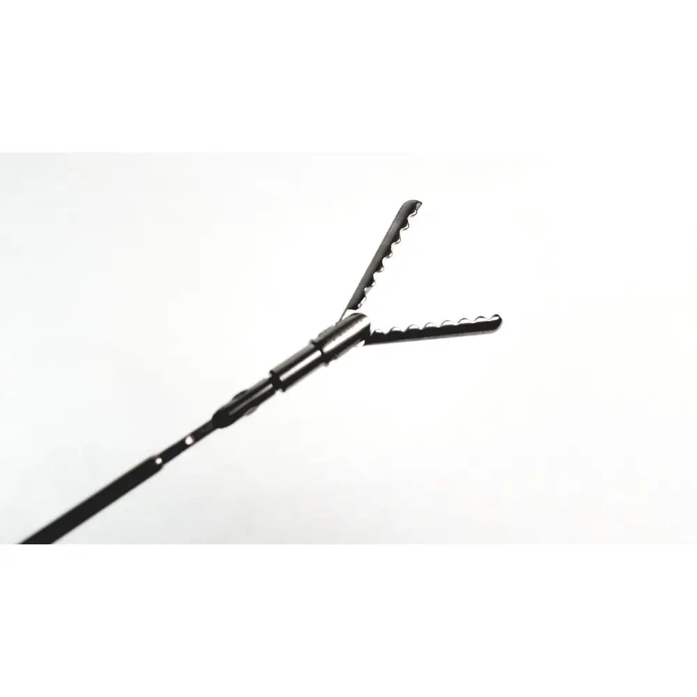 Black aesculap precision dissector surgical instrument with serrated interlocking jaws and slender shaft for surgery
