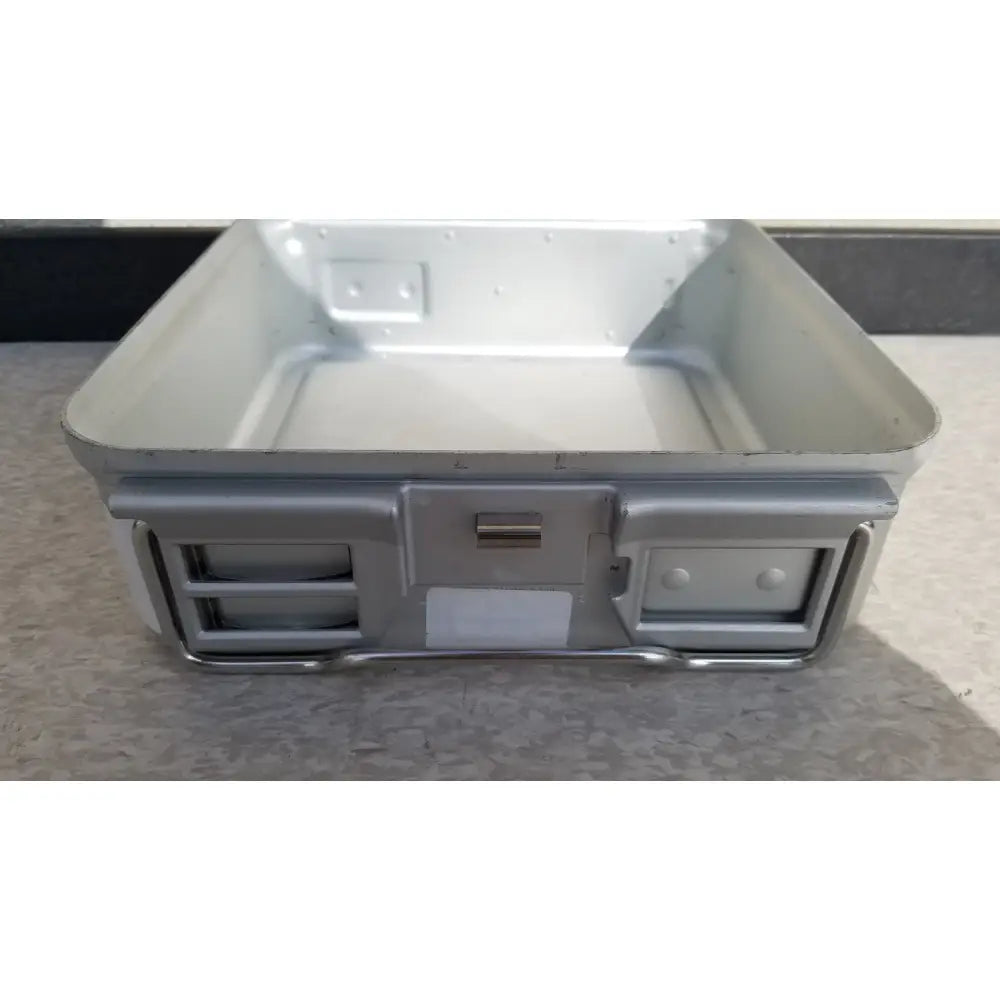 Silver metallic rectangular aesculap sterilization container without lid with two side compartments for sterilization use