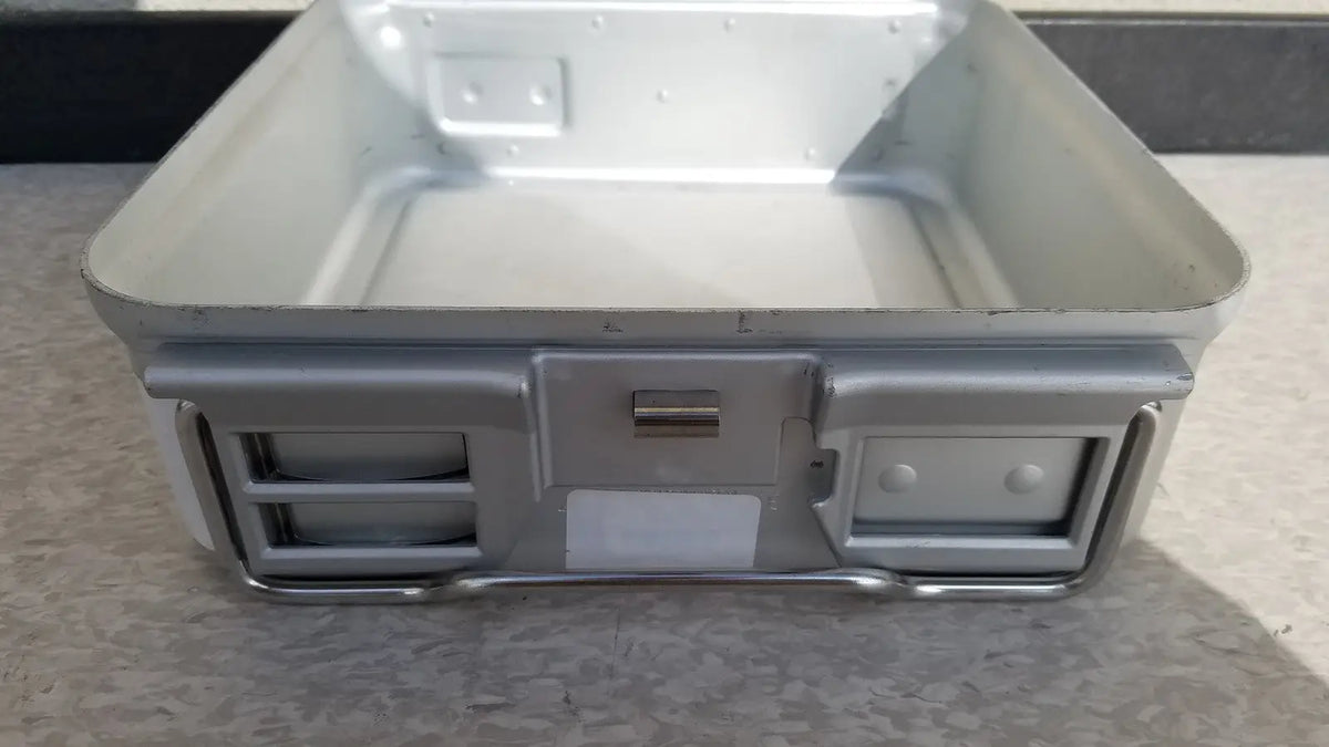 Silver metallic rectangular aesculap sterilization container without lid with two side compartments for sterilization use